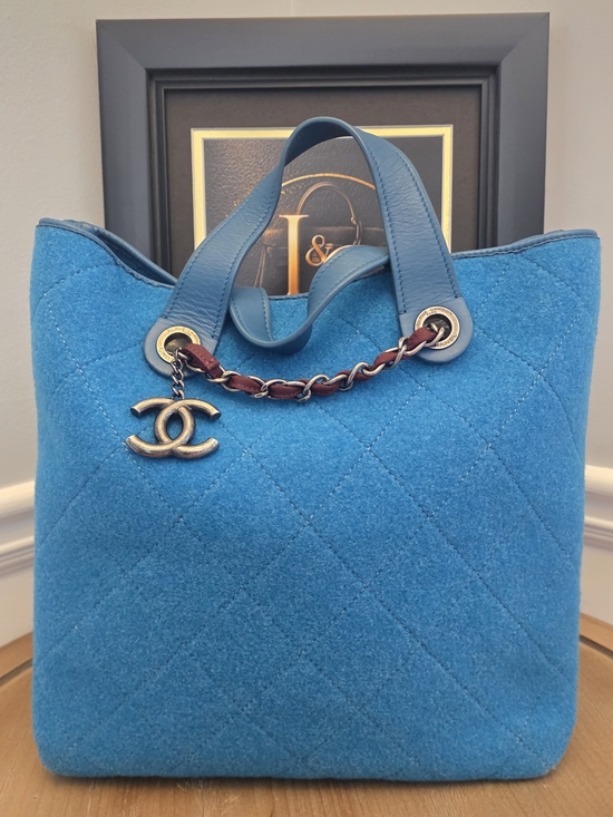 CHANEL Handbags - Chanel Deauville Blue Quilted Felt Tote Bag with CC Charm